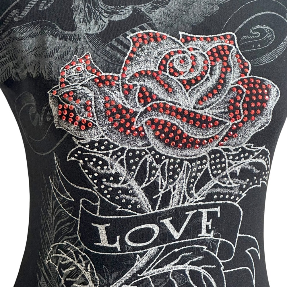 Y2K Tattoo Graphic Rose Love Rhinestone Black Short Sleeve Tee Shirt Women S - Picture 4 of 8